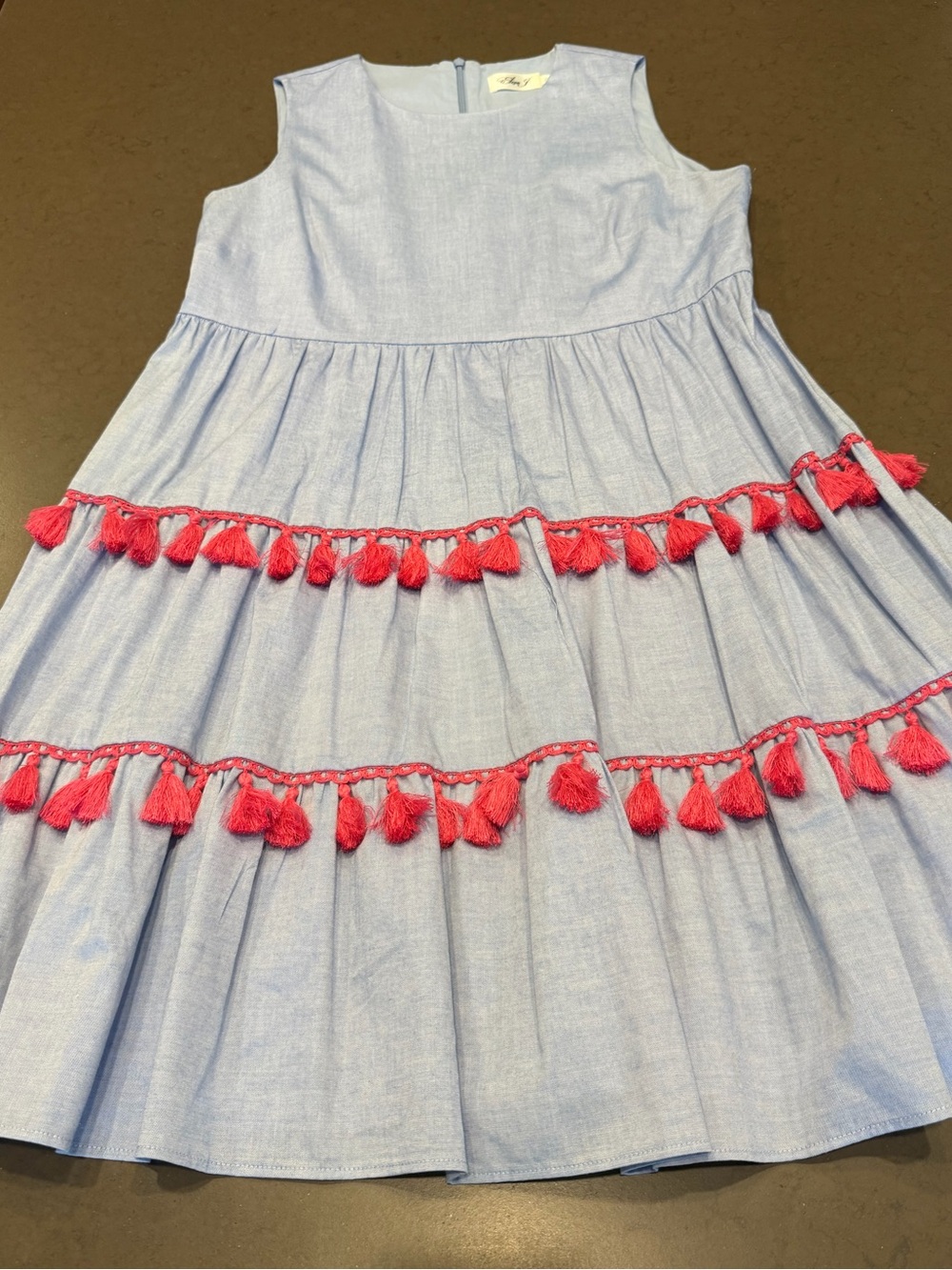 Eliza J tiered chambray dress with pink tassel trim Sz: 8